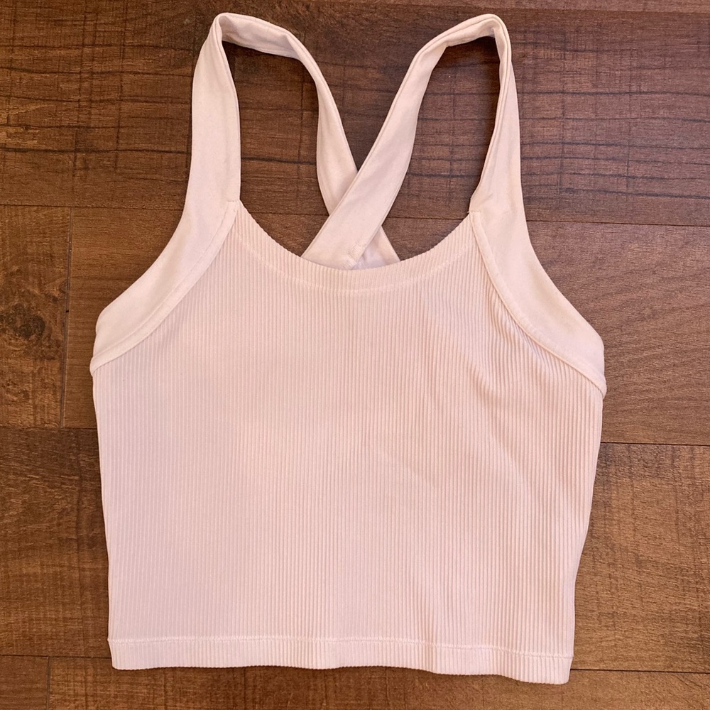 ATHLETA Horizon Tank Blush/White Trim Gym fit Cropped Neutral Lounge Women’s S